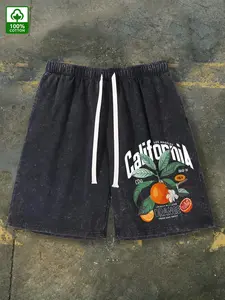 Men's Vintage Washed Cotton Shorts with California Citrus Print (Orange, Lemon, Palm Tree & California Lettering) - Loose-Fit Mid-Rise Drawstring Waist, Wrinkle-Resistant Beachwear, Golf & Casual Shorts - Machine Washable Cotton Swim-to-Sh