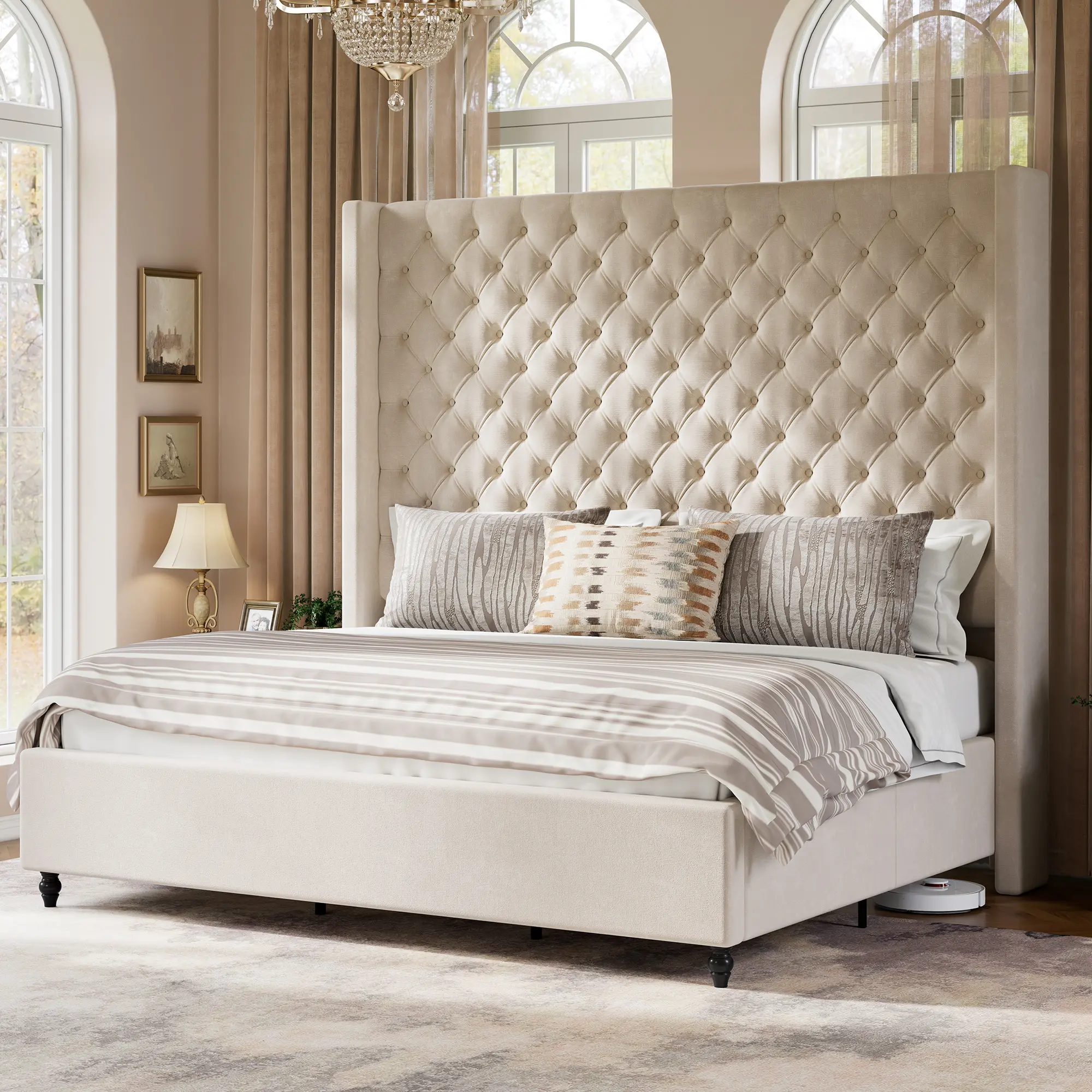 AMERLIFE Bed Frame with 63" Tall Headboard, Upholstered Wingback Platform Design, Handcrafted Pleats & Deep Button Tufted, Solid Wood Legs, No Box Spring Needed[tiktokshopbacktoschool][SohoChic]