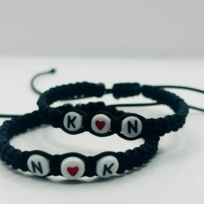 2-Piece Fashionable Couple Beaded Braided Charms Bracelet Set, Personalized BF & GF Initial Bracelets with Custom Letters & Heart Charm, Daily Wear Thoughtful Gift for Anniversaries, Red & Black