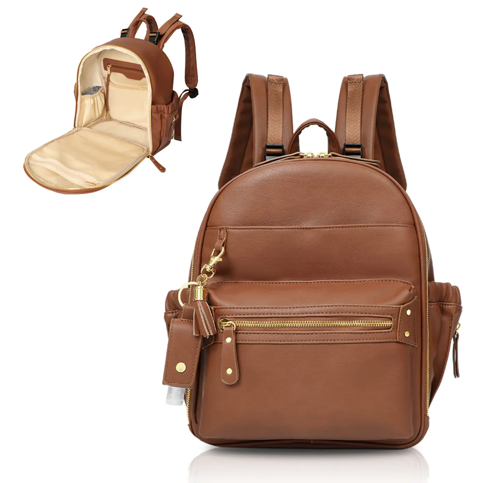 Miss Fong Functional Small Backpack, Wide-Opening Zipper Design Backpacks for Women, with a Hand Sanitizer Bottle Bag Charm, Carry-on Luggage Bag for Airplanes, Soft Straps Everyday Bag, On-the-go Diaper Bags, Personal Item Travel Bag, Senior Backpack