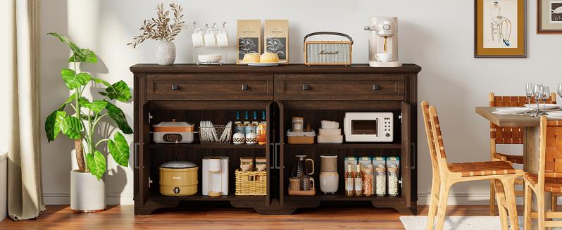 【Valentine's Day Gift】ONBRILL 63" Sideboard Buffet Cabinet, Kitchen Buffet Storage Cabinet, Large Credenza with Drawers & Doors, Wood Coffee Bar Console Wine Bar for Living Room Hallway