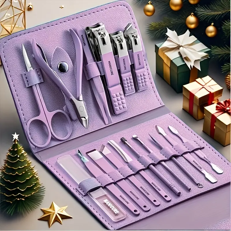 Violet 16-Piece Stainless Steel Nail Clippers Set with Curved Blade, Cutics Care Tools, Genuine Leather Travel Size Case (15x10x3cm) - Durable Sharp Manicure Pedicure Kit for Fingernail/Toenail Care, Valentine's Day Gift for Partner, Portable, Smooth Post