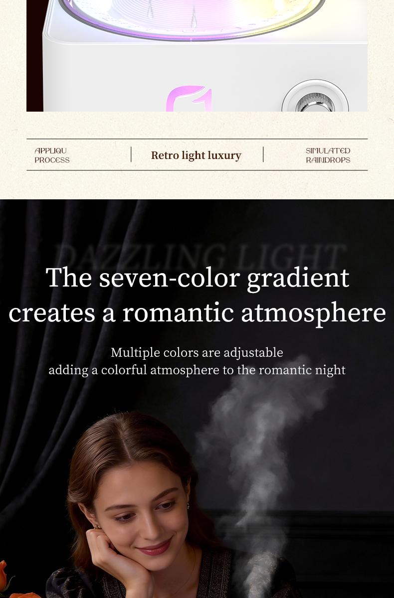 Phonograph-style aroma diffuser and humidifier with white noise and Bluetooth music, includes essential oils, features multiple natural sounds, automatic shut-off when water runs out, and ultrasonic raindrop rotation. A high-end white aroma diffuser gift.