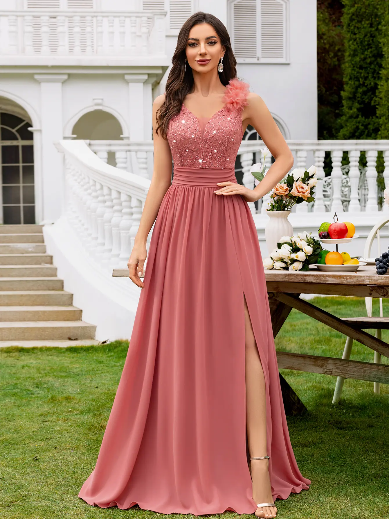 Miusol 24451A Women's Sparkly Glitter Sequin Lace Chiffon Maxi Gown - Sleeveless, Deep V-Neck, Ruched, Thigh Split, Well-Fit Formal Wedding Gown for Wedding Guests, Church Outfits (Spring-Summer), Gowns, Wedding Guest Dresses