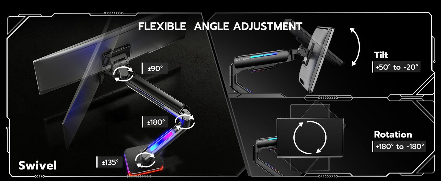 ARES WING Single/Dual Heavy Duty Monitor Arm for 49'' & 44 Lbs Ultrawide Screen, Compatible with Samsung Odyssey G9 and LG Monitor, RGB Desk Arm, 360 Rotation Adjustable Single Mount ARES WING Single/Dual Heavy Duty Monitor Arm for 49'' & 44 Lbs Ultrawide Screen, Compatible with Samsung Odyssey G9 and LG Monitor, RGB Desk Arm, 360 Rotation Adjustable Single Mount