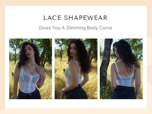 Shapellx Lace Glamour Thong Hourglass Bodysuit Tummy bridle Front Button Design Tops Comfort Shapewear for Women Sleeveless Skinny Slim Womenswear