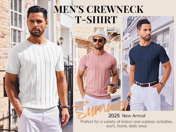 COOFANDY Men's T- Shirts Short Sleeve Knit Sweater Shirt Casual Crewneck Ribbed Pullover Tees