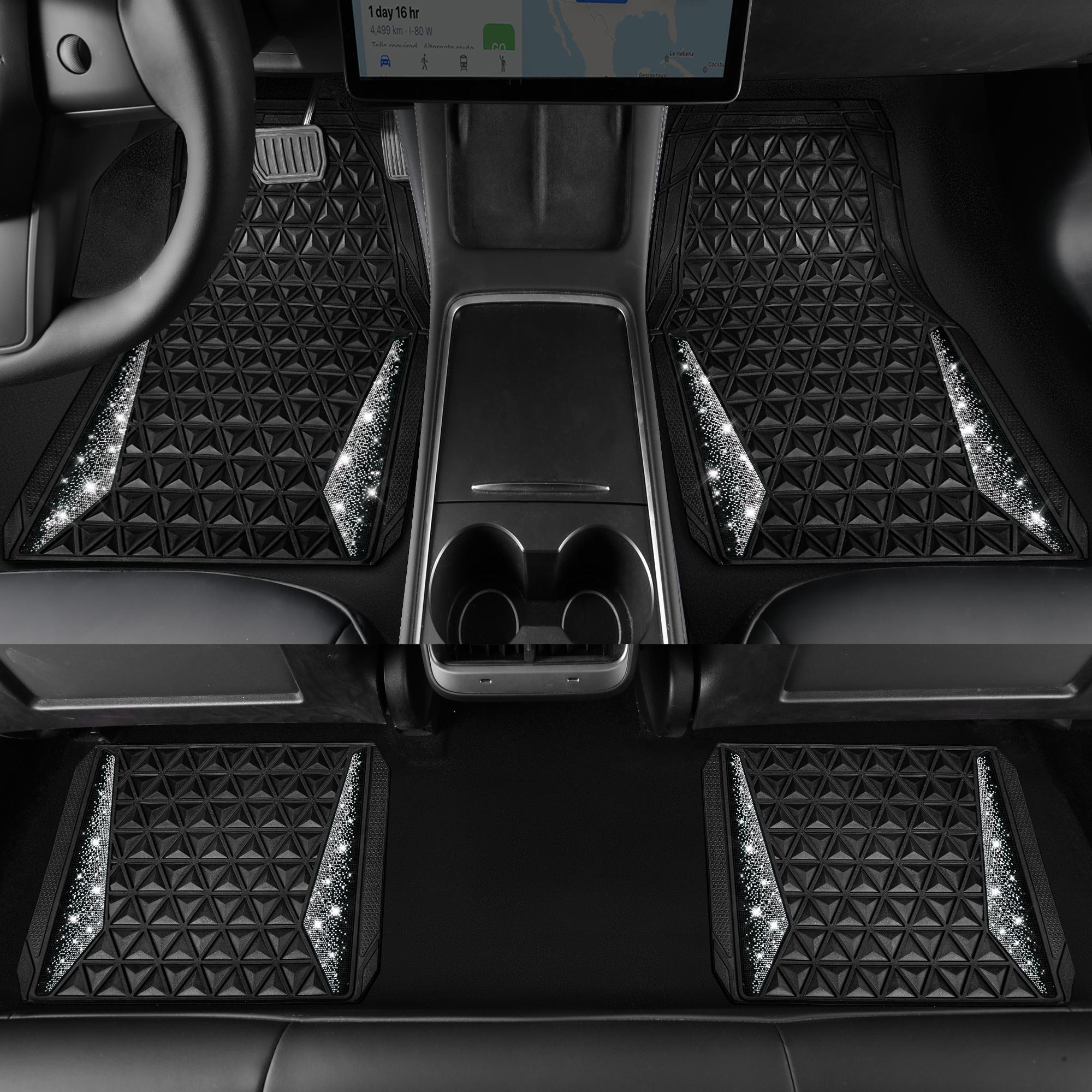 CAR PASS Bling Diamond Rhombus Rubber Leather Car Floor Mats, All-Weather for Car Full Set Durable Anti-Slip, Waterproof Trim Universal Fit,Sedan,SUV,Truck Vehicle Automotive