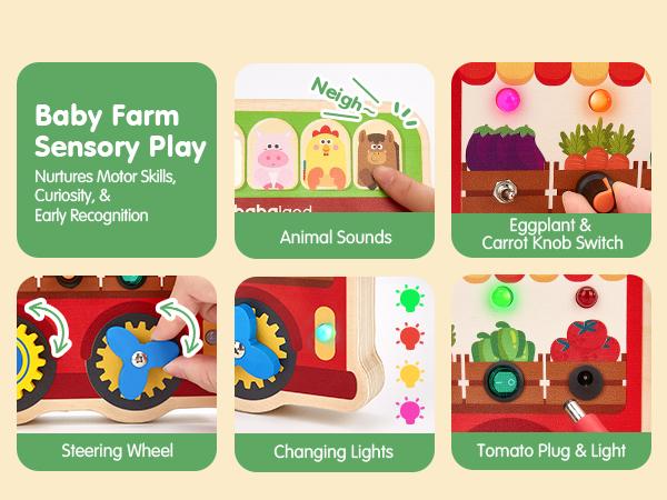 hahaland 18-in-1 Farm Truck Sensory Board: 18 activities with LED lights & switches! A Montessori toy that develops fine motor skills. The perfect travel, birthday, or Christmas gift.