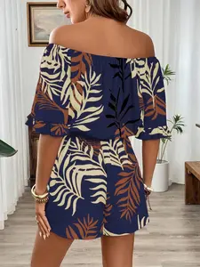 Ruffled Sleeve Cinched Waist Off Shoulder Hawaiian Style Romper