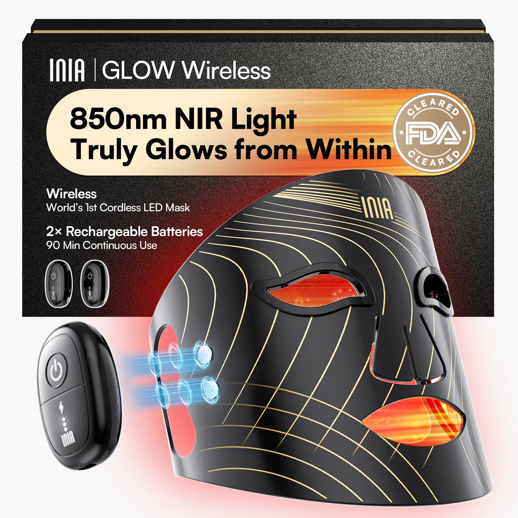 INIA GLOW Wireless LED Red Light Therapy Mask - Rechargeable Battery, Included Batteries, 2-Year Warranty, Portable, for At-Home Skincare & Summer Travel, Targets Eyes, Supports Glowup (Facial Beauty Device), Adults,back to school,back to school haul