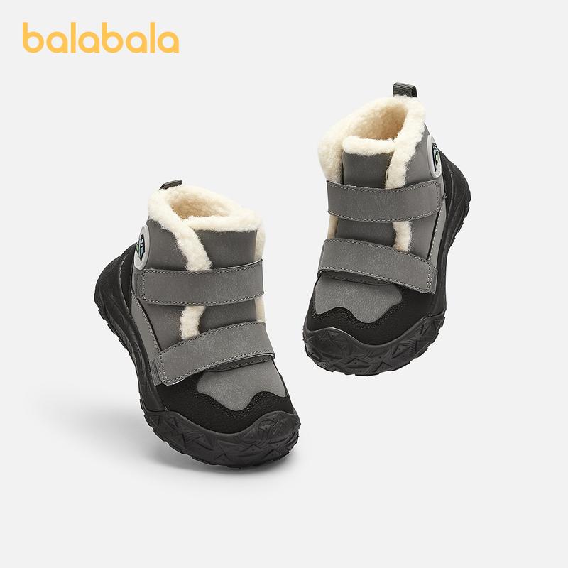 Balabala Kids Fleece-Lined Snow Boots Tan Grey Thick Warm Anti-Slip Winter Walking Shoes with Rubber Sole & Secure Hook-And-Loop Straps for Safety & Comfort