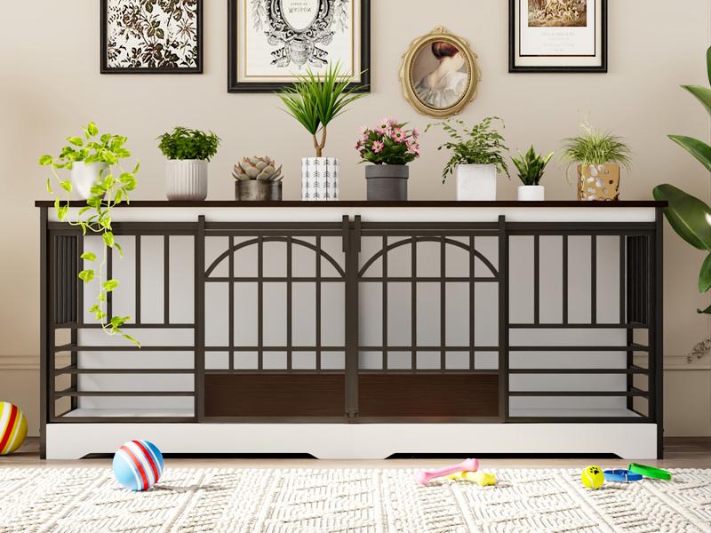 78 Inch Double Dog Crate Furniture, Extra Large Dog Kennel Indoor with Divider, Heavy Duty Dog Cage for 2 Dogs, Decorative Wooden Dog House Decorative Table TV Stand, Pet House for XLarge Dogs,Brown