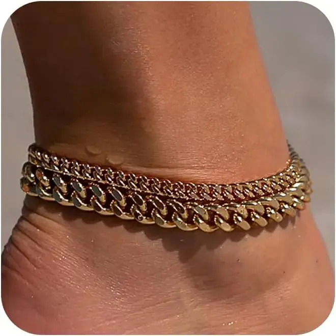 Women's Chunky Cuban Link Anklets Set - Waterproof Plated Copper Layered Chains, Adjustable Hypoallergenic Costume Jewelry for Everyday Wear, Anklets for Women