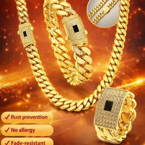 Stainless Steel Gold Tone Cuban Link Style Jewelry Set –  Necklace Bracelet Ring Earrings Hip Hop Jewelry