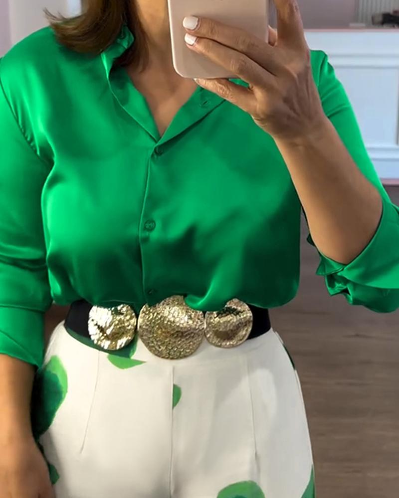 ChicMe 2 Pieces Outfit Long Sleeve Satin Blouse and Casual Wedding Guest Floral Print High Waist Wide Leg Pants Wedding Set/High-Waisted Lounge Outfit/ Satin Blouse and Pants Set（Without Belt Flowy