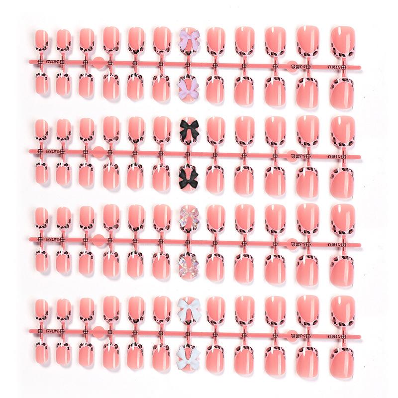 96pcs Short Square Nail Art Kit, Leopard Print Butterfly Design, Glossy Finish, Includes Jelly Glue and File, No Adhesive Needed, DIY Nail Kit