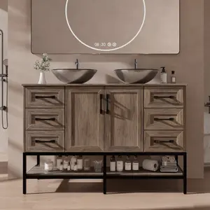 VNN 48 Inch Bathroom Vanity with Sink - Double Sink Bathroom Vanity, Freestanding Cabinet with Open Shelves and 6 Storage Drawers, Modern Iron Wood Cabinet with Countertop Tempered Glass Vessel, Grey
