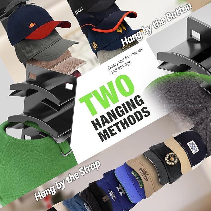 2-Pack Wall-Mounted Hat Organizer | Baseball Cap Rack (Black), Adhesive valentine's gift for bf，Mount, Stable Structure, Holds 20 Hats, Easy Access & Installation, Hanging Display for Closet, Door & Bedroom，
