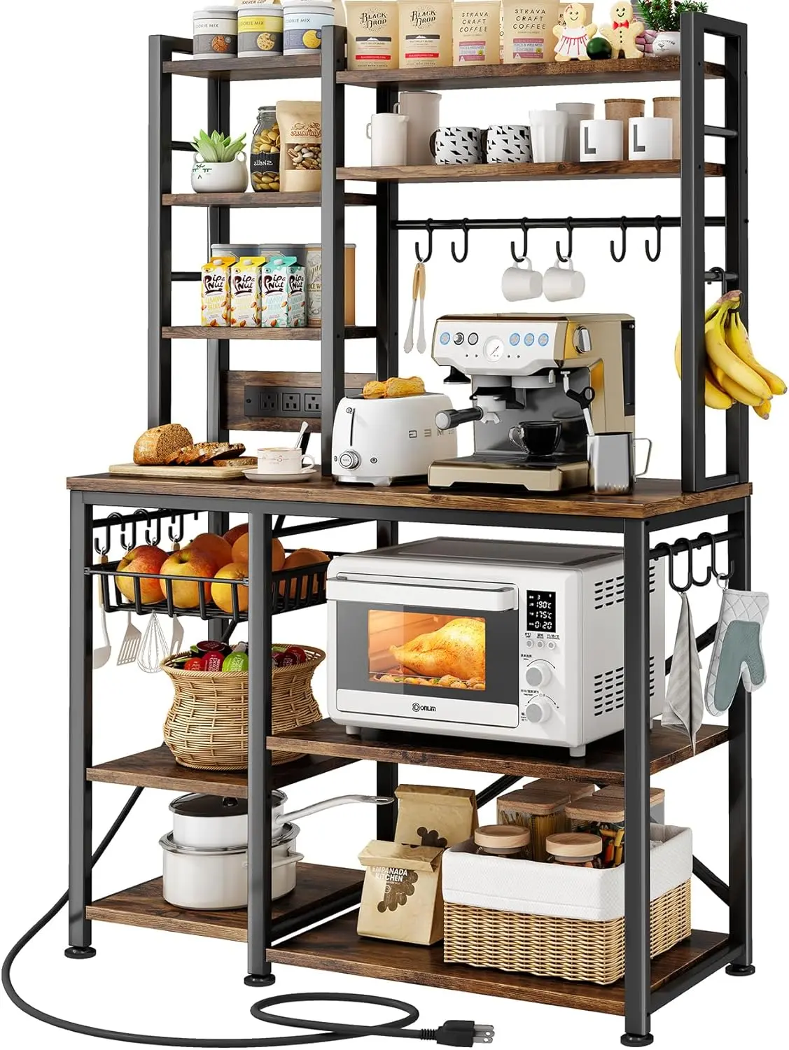 SNTD Bakers Rack with Power Outlet, Microwave Stand with Storage, Kitchen Storage Rack with 10 Shelves, Pull-Out Basket & 14 Hooks, Coffee Bar Station, Metal Kitchen Shelf for Appliances, Spices & Pots