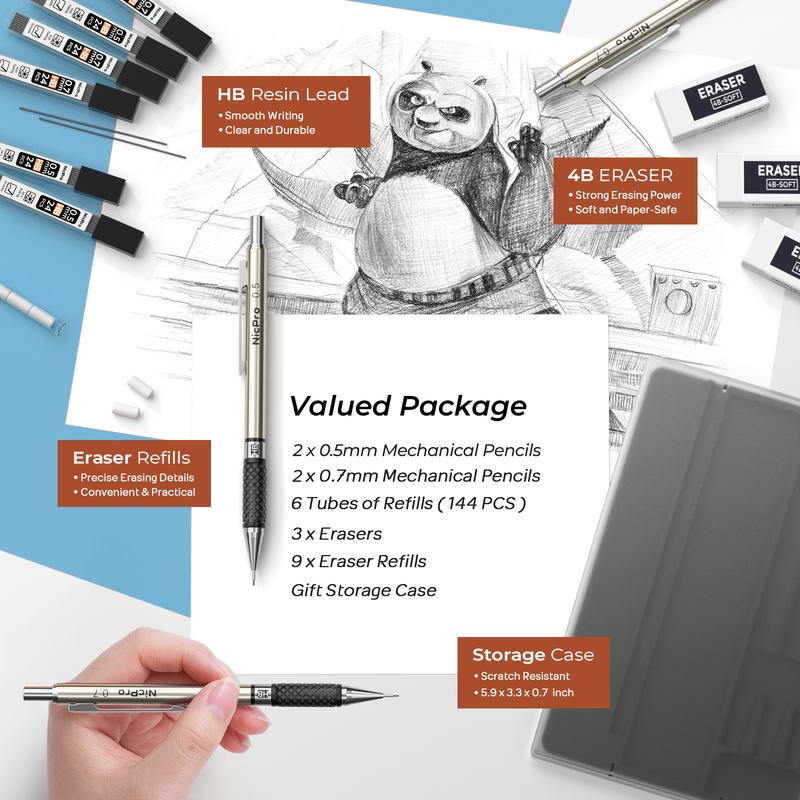 Nicpro Art Mechanical Pencil Set in Case, 4 PCS Metal Drafting Pencil 0.5 mm & 0.7 mm, Lead Pencil with 6 Tube HB Lead Refills, 3 Erasers, 9 PCS Eraser Refills for Artist Writing, Drawing, Sketching