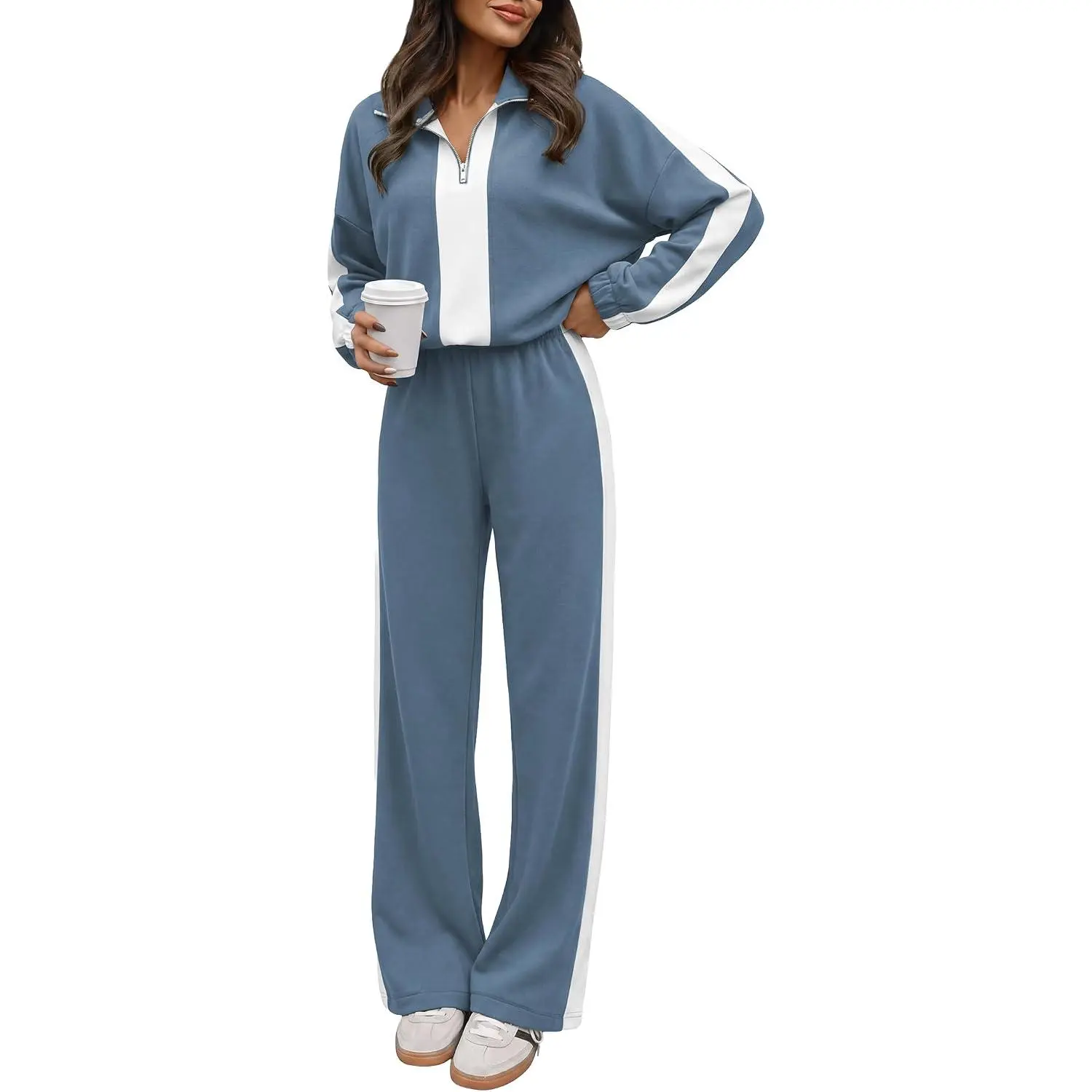 ANRABESS Women's 2 Piece Lounge Tracksuit Set | Color Block Half Zip Collared Top & Wide Leg Sweatpants, Cozy Matching Outfit, Airport Travel Workout Wear, Fall Winter Clothes