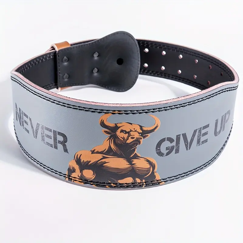 Men's Fitness Waist Protection Belt - NEVER GIVE UP Motivational Design, Gray with Orange Lettering, Durable Weightlifting Belt for Deep Squats, Deadlifts & Bodybuilding Training