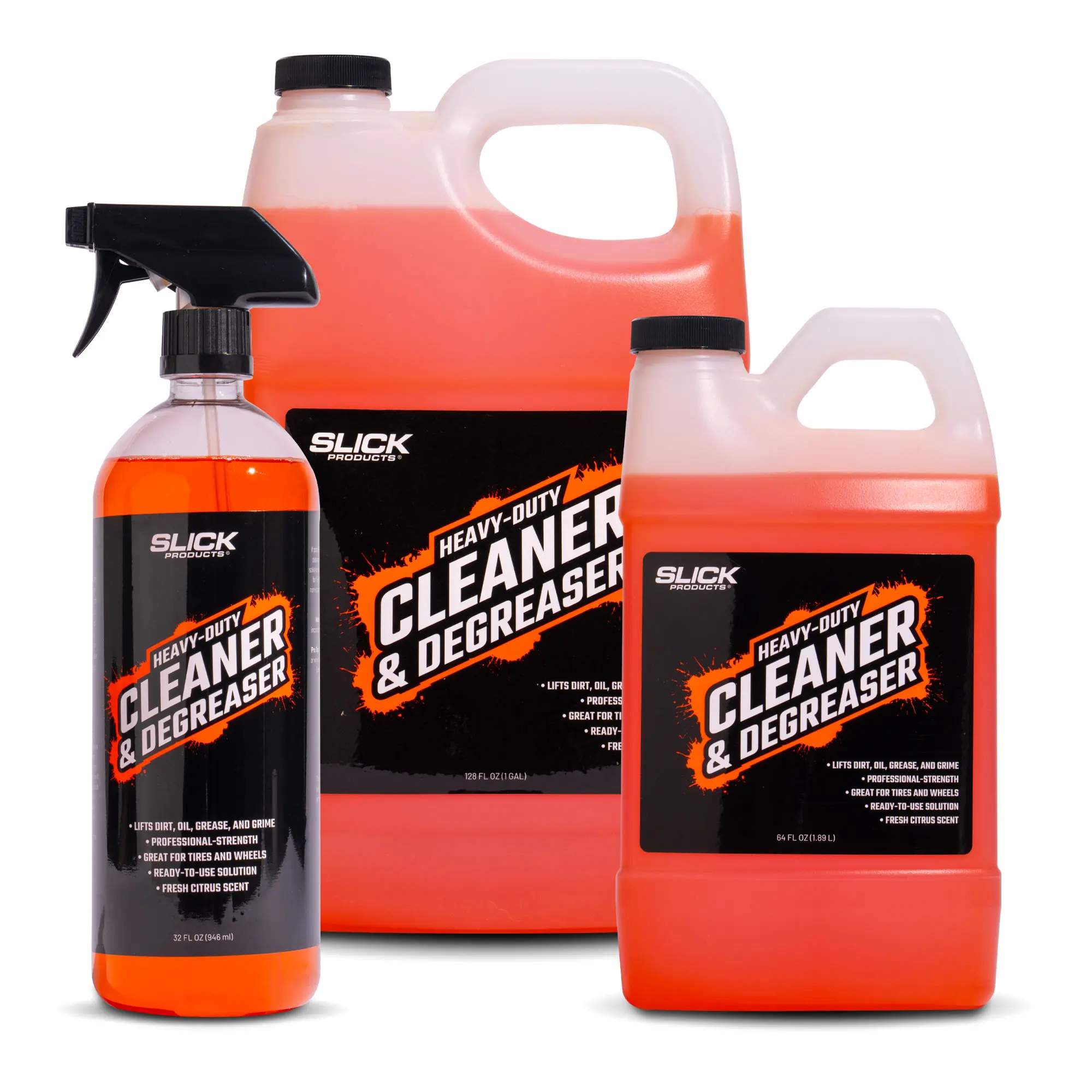 Slick Products Heavy-Duty Cleaner & Degreaser – Professional Strength Citrus Formula for Tires, Wheels, Engines, Chains & Tough Grime – Ready to Use or Dilute - 32 oz.