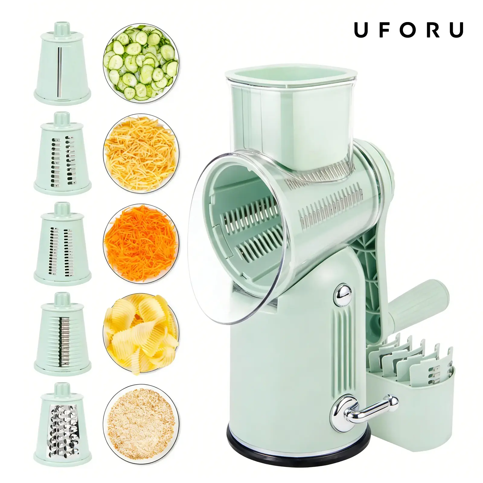 UFORU 5-in-1 Rotary Cheese Grater & Vegetable Slicer Utensils with Smooth Transparent Blade, Suction Base, Safety Handle - for Cheese, Vegetables, Chicken Shredding