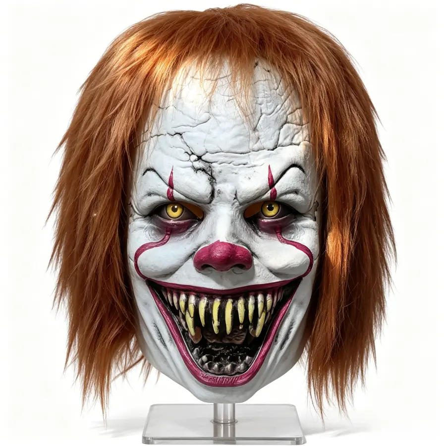 Cracked Pale Skin Horror Clown Latex Mask with Attached Ginger Long Hair, Creepy Grinning Jester Headgear for Haunted House Jump Scare Skits