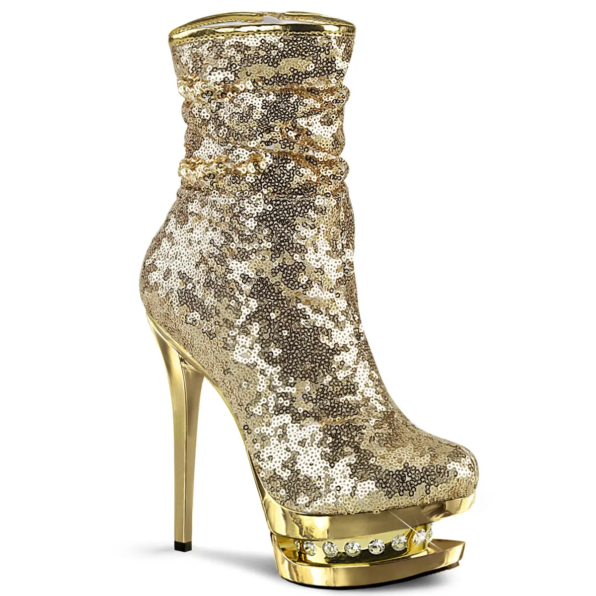 Women's 6 In Gold Sequins Ankle Platform Boot, Zip-Up Rhinestones High Heels, 1 1/2" (38Mm) Formal Occasion Footwear - BLONDIE-R-1009, Two Tone