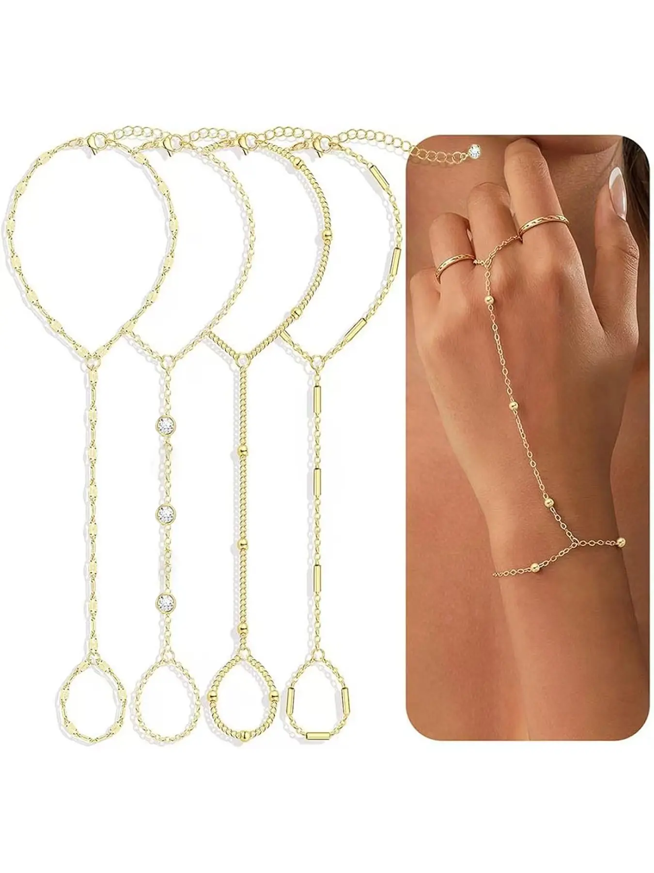 4 Pcs Gold Hand Chain Bracelets for Women, Dainty Gold Plated Ring Bracelet Hand Chain, Stackable Design Layered Bracelet Set Beaded Cubic Zirconia Bracelet Stack Jewelry Gifts, Fashionable Bracelet Style Jewelry Accessories