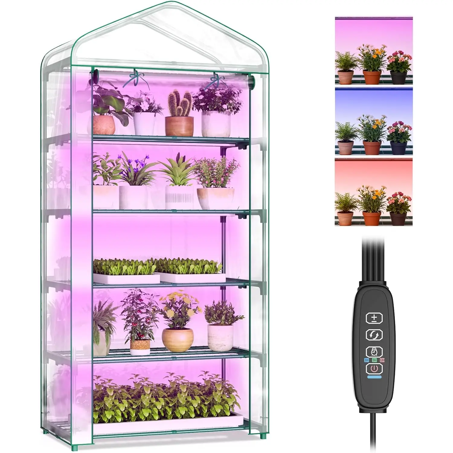 ABORON Indoor Metal Rectangle Greenhouse for Gardeners, 5-Tier Mini Kit with 36W Sunlike Light, Zippered PVC Tent, Tray Storage, Pot Compatibility, Toolfree Assembly in Minutes for Seed Starting, Flower Gardening, Polyvinyl Chloride (Pvc)