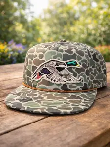Mallard duck patch on a Jungle Camo Rope brim SnapBack Hat, Camouflage Pattern Embroidered Mallard Duck Hunting Snapbacks, Gift For Hunters