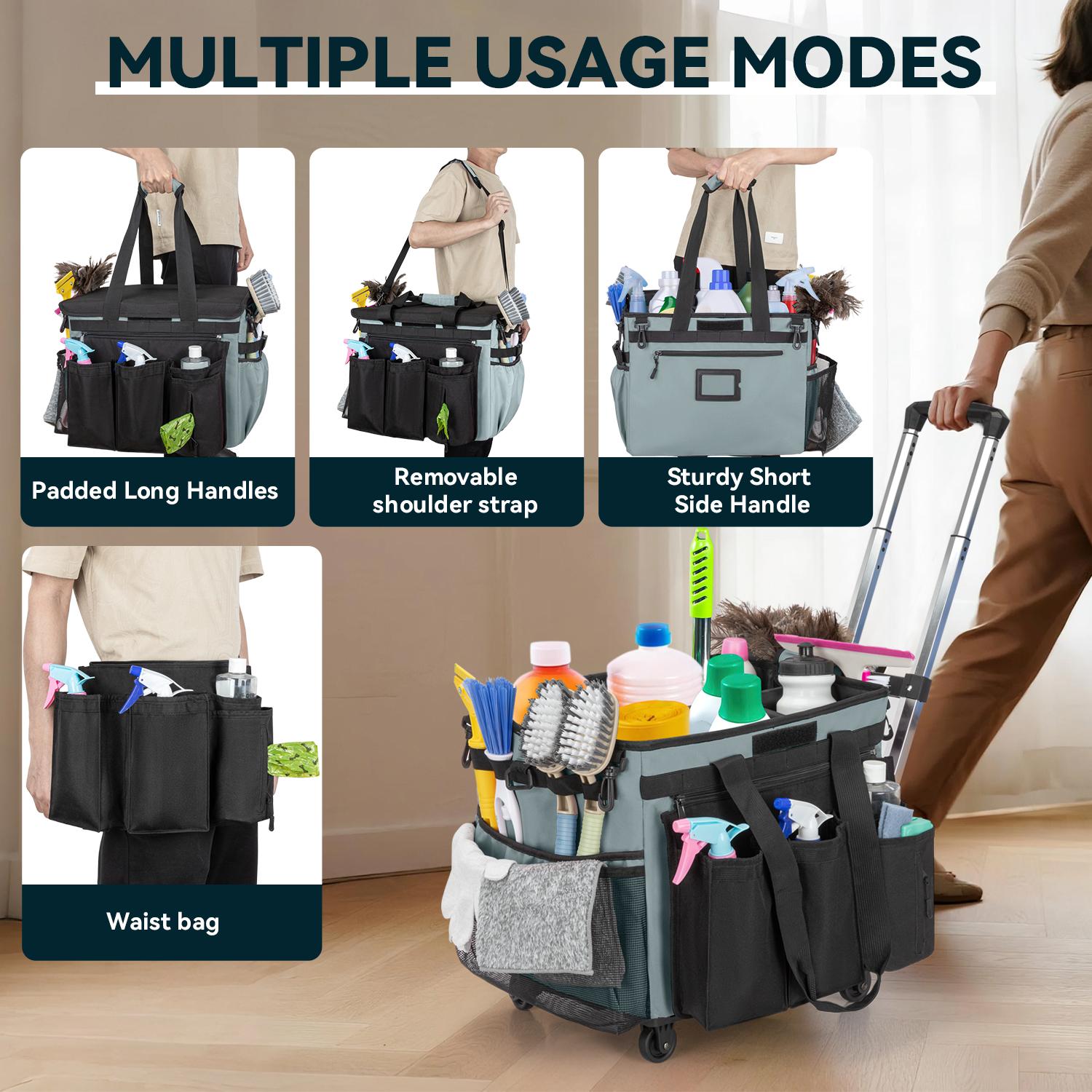 Cleaning Caddy Bag with Wheels, Extra Large Rolling Cleaning Caddy Bag with Detachable Trolley for Housekeepers, Water Resistant Cleaner Supplies Organizer with Wheels for Kitchen, Tool Organizer