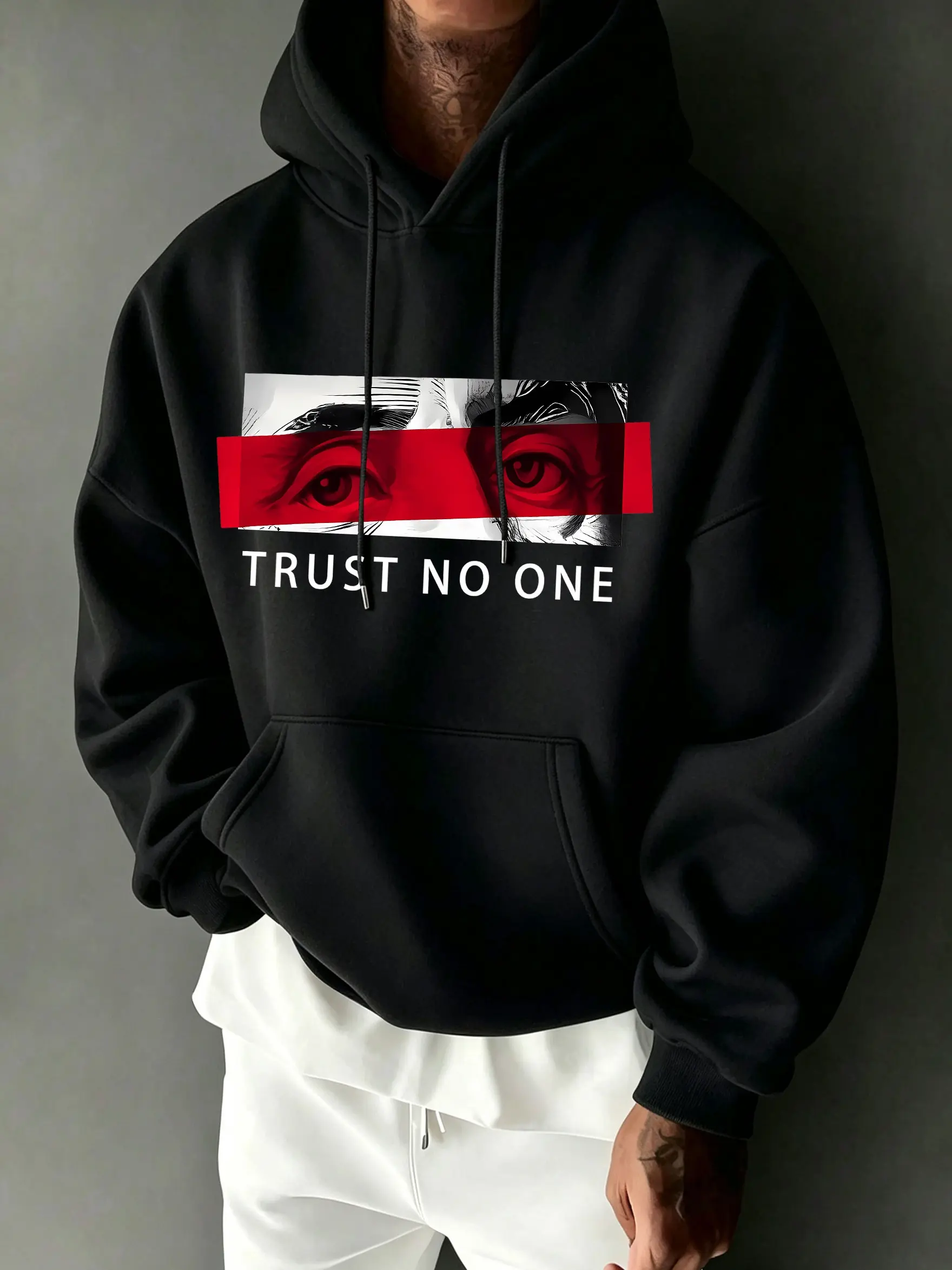 TRUST NO ONE Red Strip Retro Art Print Hooded Sweatshirt Unisex Oversized Dark High Street Hoodie