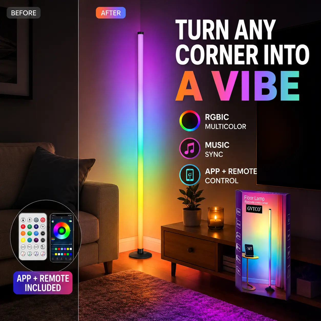 GVTCO 48-Inch RGBIC LED Floor Lamp with Led Corner Design, Home Decor Lighting, Built-In Bluetooth Speaker, App, Remote & Button Control, Music Sync, Immersive Ambient Lights for Living Room Decor, Lights for Bedroom
