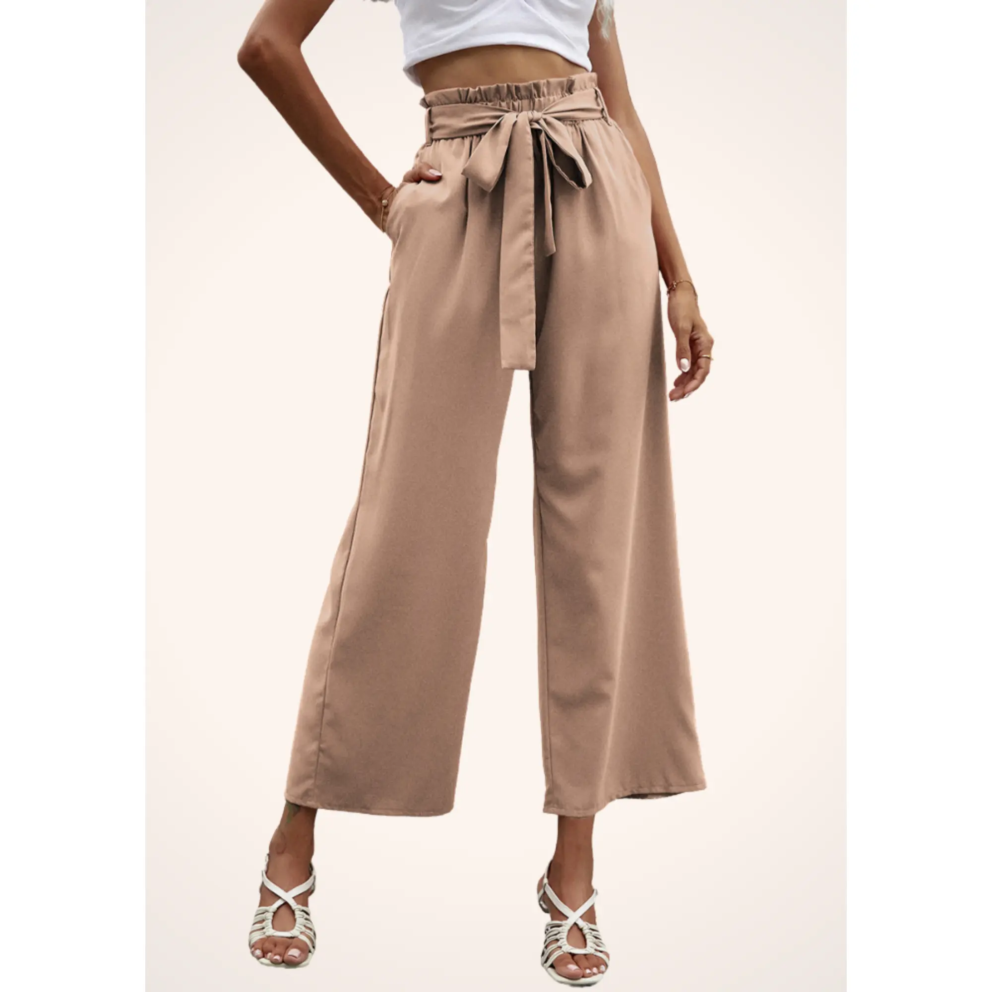 High Waisted Belted Wide Leg Pants in Beige pre fall wideleg