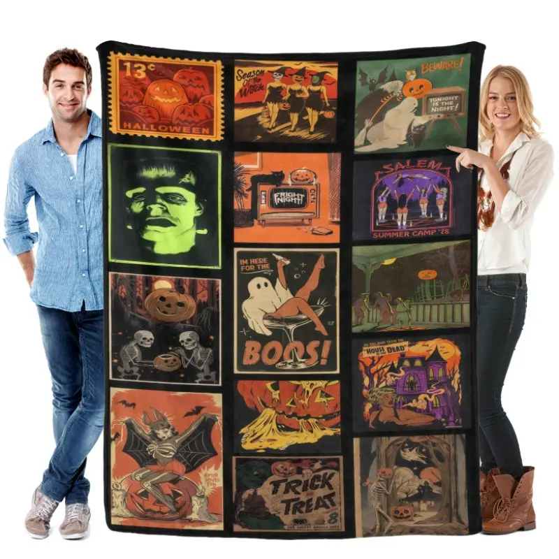 Vintage Retro Halloween Stamp Collage Soft Warming Flannel Blanket - Decorative Cozy Throw with Witch, Pumpkin Art, Skeleton Motifs, Machine Washable for Home Cozy Setup, Vintage Halloween Decor Gift for Goth Horror Lovers