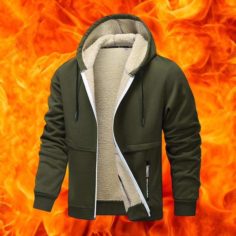 Men's Casual Zipper Wool Lined Hoodie - 100% Polyester Solid Color Long Sleeve Jacket, Lightly Stretchable Fabric, Suitable for Spring, Autumn, Hiking & Outdoor Activities, Regular Fit Hooded Sports Shirt, Men’s Warm Coat, Day Fleece Menswear  Beige Black