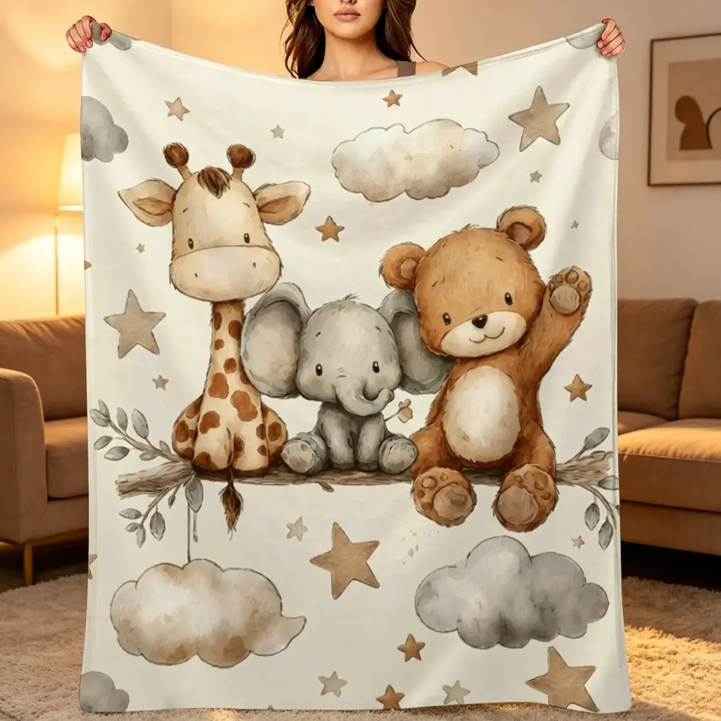 Ultra-Soft Neutral Watercolor Safari Animal Fleece Blanket, Fade Resistant, for Newborns, Crib & Stroller Use, Nursery Room Ideas Decor, Cozy Plush Flannel Shower Gift for Moms