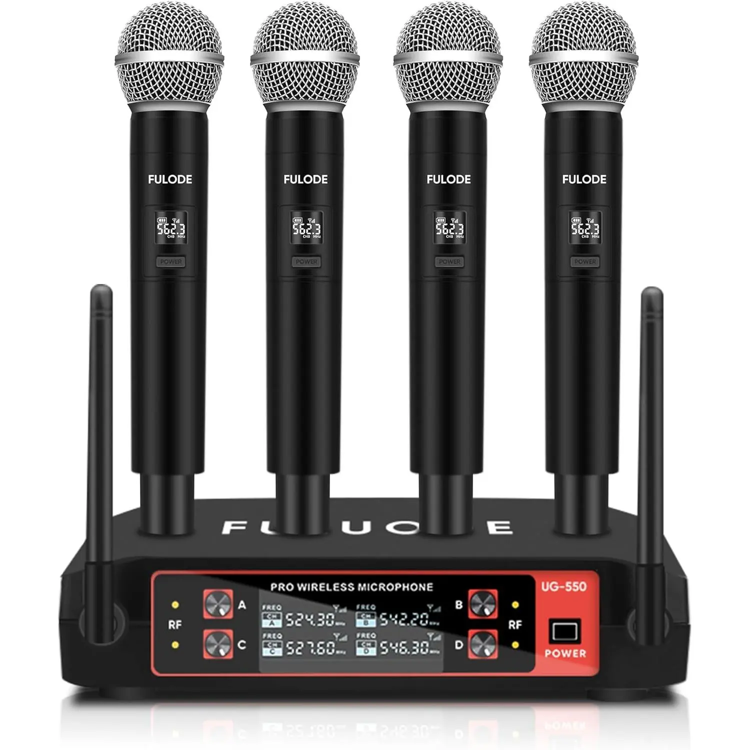 UG-550 Professional 4-Channel Wireless Handheld Karaoke Microphone System with Audio Receiver, 6.35 mm Jack, Plug, Cable, Adapter, Auto Sync, Easy Connection, Plug-and-Play, 200ft Long Range for Home Karaoke, Parties, Business Devices, Schools, Churches
