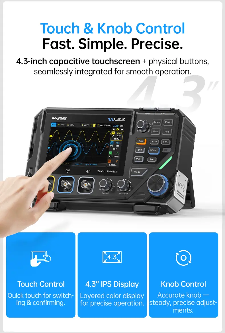 FNIRSI 2D15P Handheld Oscilloscope Multimeter - 3-in-1 Digital 2CH Automotive Tool with 100MHz Bandwidth, 500MS/s Sampling, 19,999 TRMS Counts, 10MHz DDS Signal Generator, 4.3 Touch Screen, 128-Level Grayscale Display, 6 Math Operations, Built-in Cells