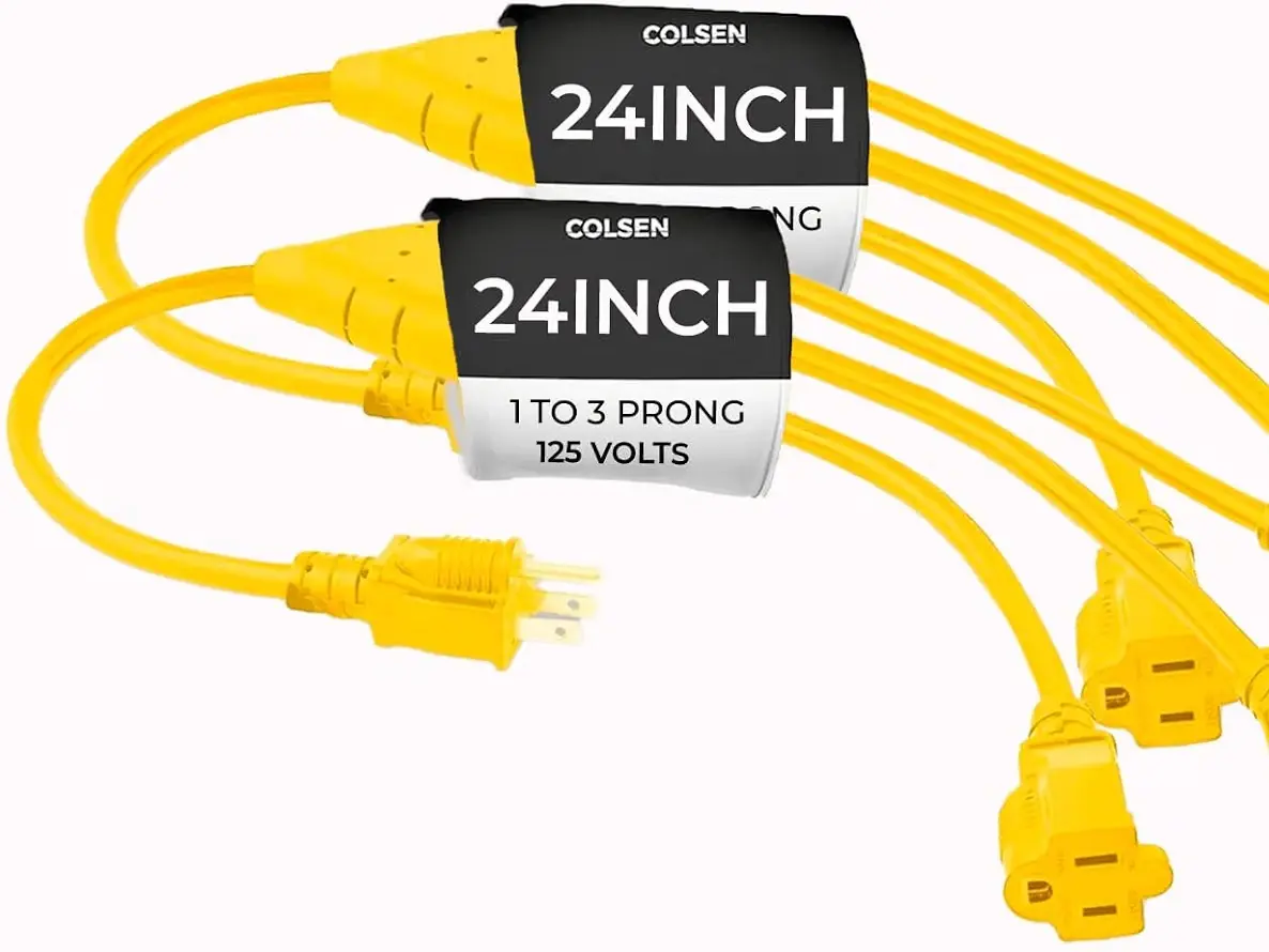COLSEN 3 Way Extension Cord Splitter Outdoor - 3 Prong (Yellow or Black) (2 pack)