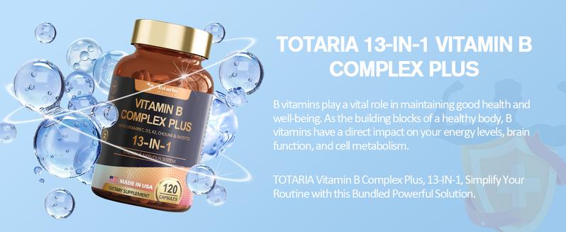 Totaria 13-in-1 Vitamin B Complex Plus with Vitamin B1, B2, B3 (Niacinamide), B4, B5, B6, B7 (Biotin), B8 (Inositol), B9 (Folate), B12, C, D3, K2 - Energy, Nerve, Immune, Skin Support - 120 Vegan Capsules Healthcare Supplement