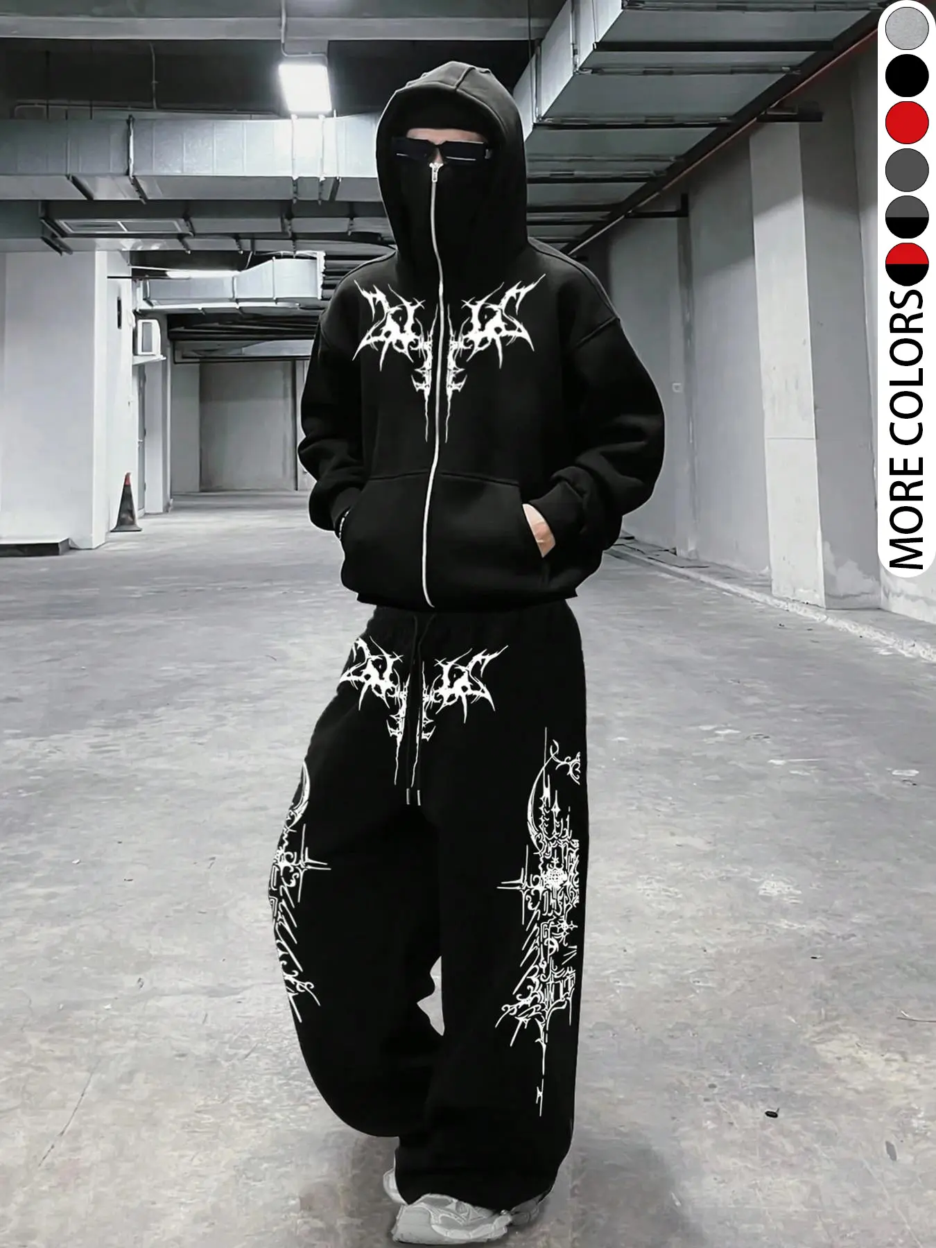 Men's Gothic Pattern Zip Hoodie Set with Wide Leg Pants, Street Dark Fashion, Trendy Casual Sportswear, Outdoor School Hip-Hop Style, Hoodie Sweatsuit Set, Sweatsuit Outfits