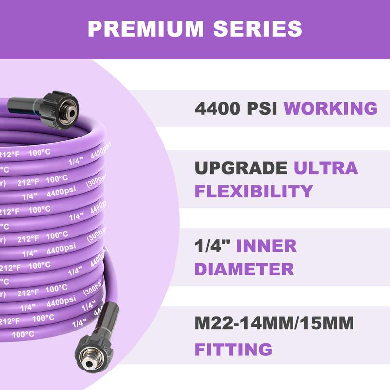 15M/50FT High Pressure Washer Hose Anti-Kink, Blue/Purple 4400 PSI Flexible Kink Resistant Power Washer Hose Replacement, 1/4" Quick Connect Pressure Hose Extension, Compatible with M22 Fittings