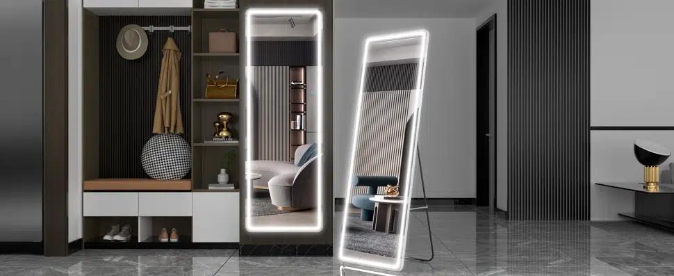 Espejo de cuerpo entero con luces LED, espejo de pie iluminado de 64" x 21", espejo colgante montado en la pared y luz de 3 colores