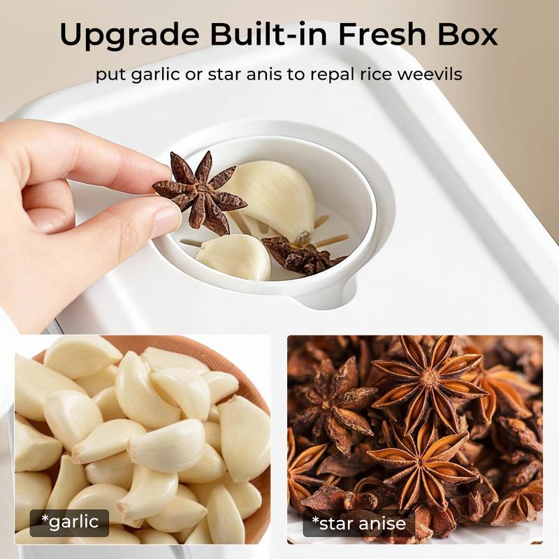 UFORU 22Lbs Rice Dispenser Airtight Food Storage Container for Rice Coffee Beans Cereals BPA-Free Moisture Proof Kitchen Container Cream White Desiccants Utensils Large Capacity One-Touch Dispensing