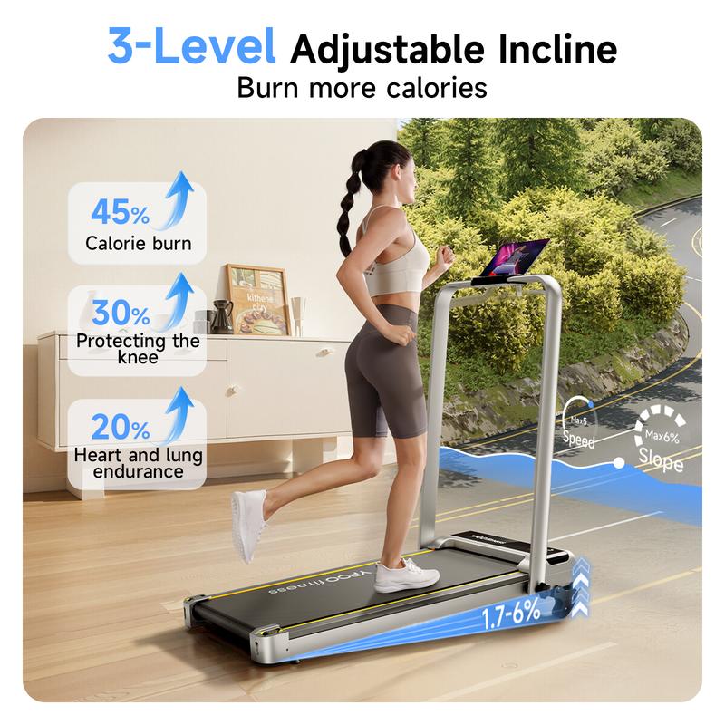 YPOO 300 lbs Slim Walking Pad with Manual Incline, Easy Home Cardio Treadmill for Walking and Light Jogging, Bluetooth App Tracking, Quiet and Compact Design for Small Spaces Foldable Walking Pad with Handle
